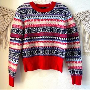 J Crew Fair Isle Crew Neck Red Multi Lambs Wool Blend Size L